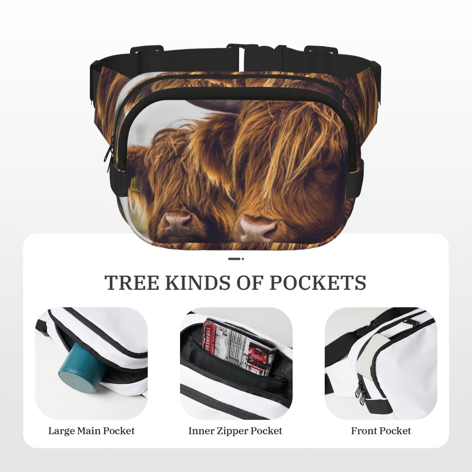 Picia Portrait Of Cow With Its Baby Cow Print Square Double-Layer Waist Bag Mini Adjustable Waist Belt Bag Exercise Running Travel Hiking