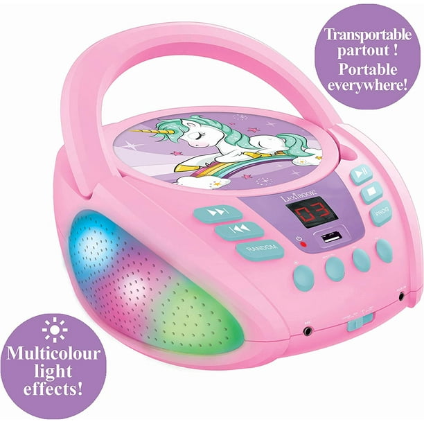 Unicorn - Bluetooth CD player for kids – Portable, Multicoloured light effects, Microphone jack, Aux-in jack, AC or battery-operated, Girls, Boys, Pink, RCD109UNI - Walmart.com