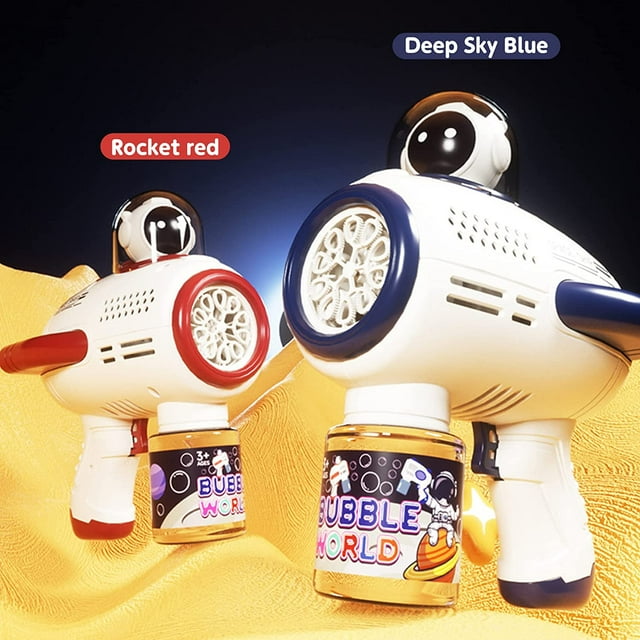 yeacher Astronaut-Themed Bubble Blaster Toy - Dual Pack with LED Lights, 360° Rotation, and Fast Bubble Output for Kids (Space Blue & Rocket Red)
