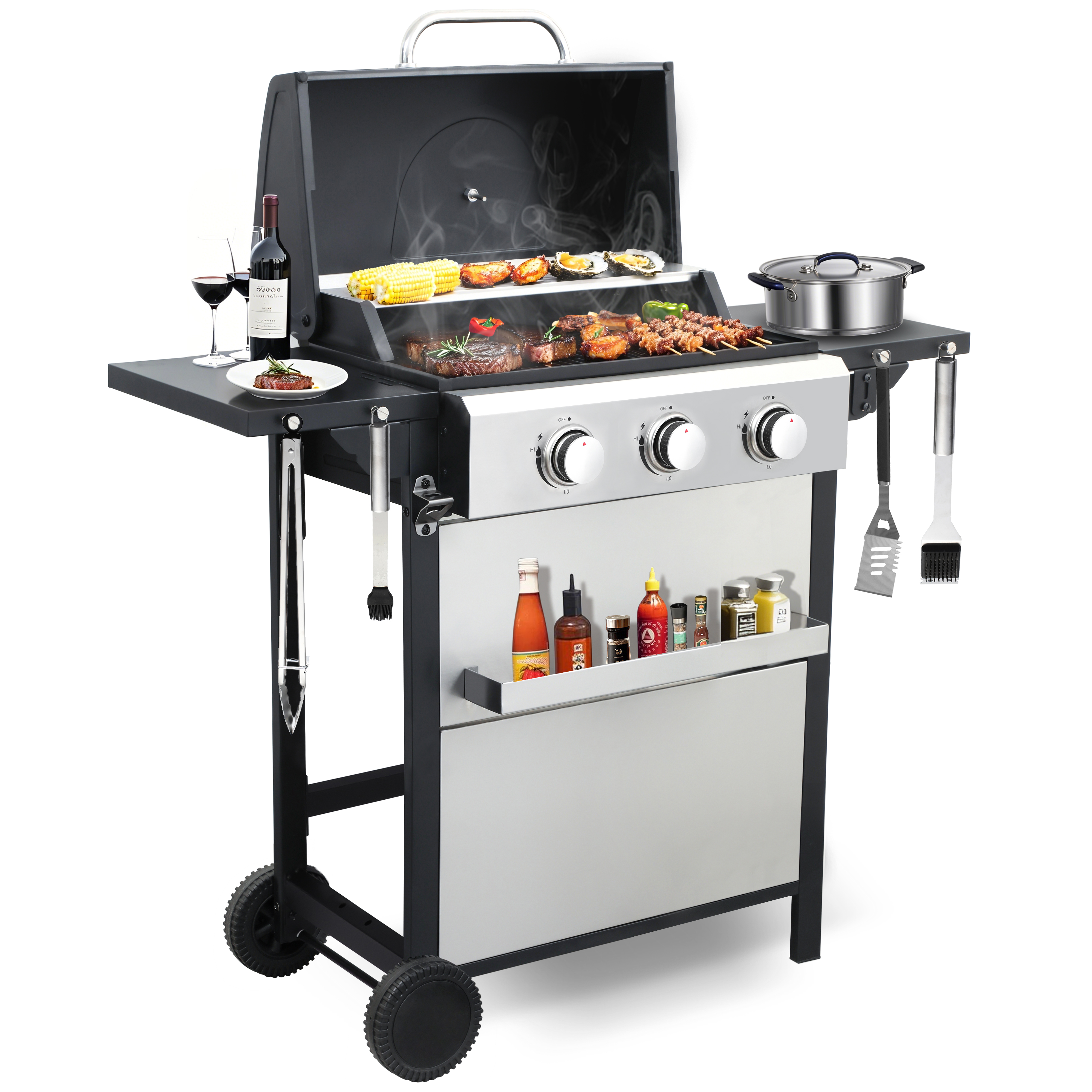 3-Burner Propane Gas Grill – 30,000 BTU Stainless Steel BBQ Grill with Porcelain-Enameled Cooking Grates, Pull-Out Grease Tray & Foldable Side Shelves, Even Heat Distribution