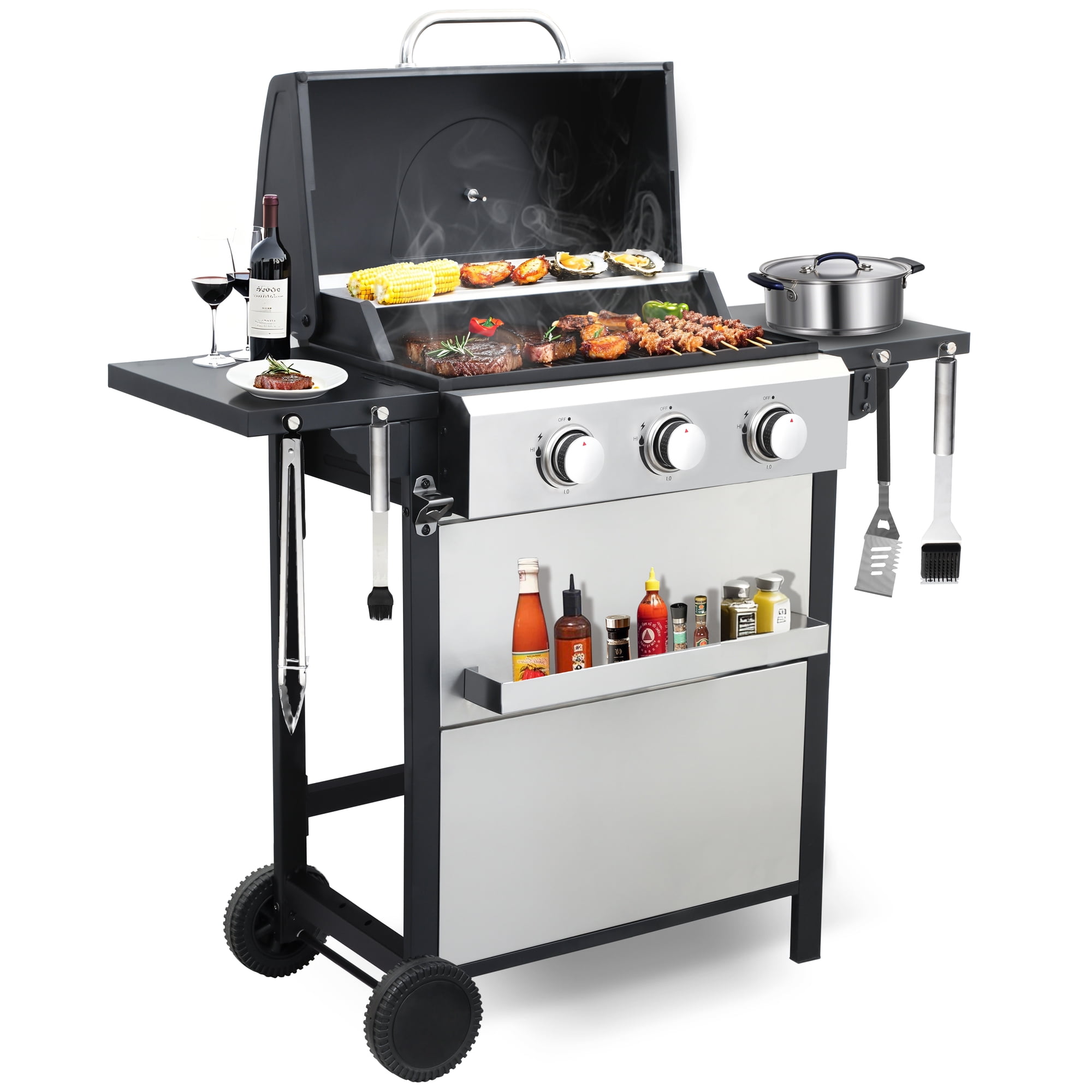 3-Burner Propane Gas Grill – 30,000 BTU Stainless Steel BBQ Grill with Porcelain-Enameled Cooking Grates, Pull-Out Grease Tray & Foldable Side Shelves, Even Heat Distribution