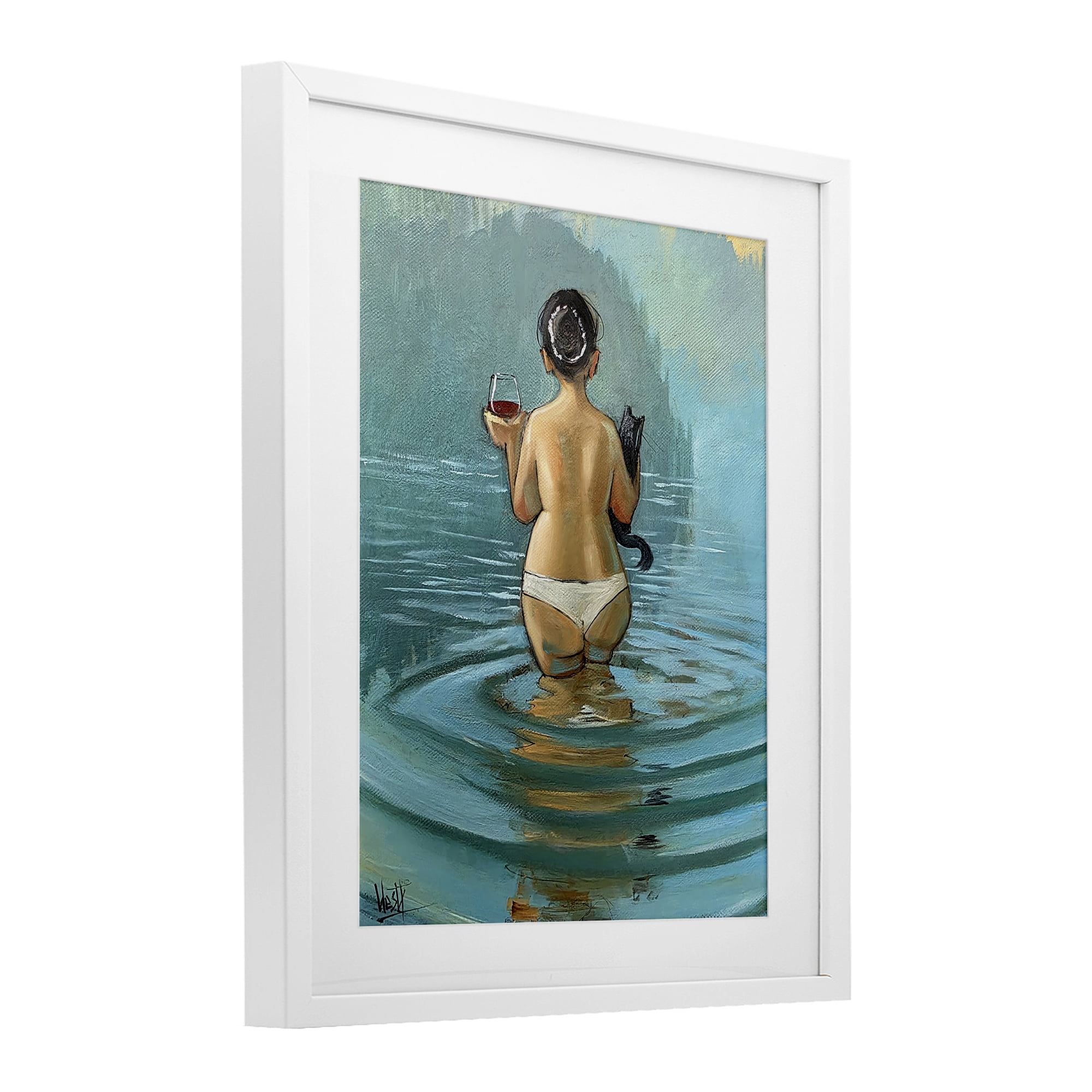 Stupell Industries Cat & Wine Dip At Twilight White Framed Print Under Glass, design by Ronald West