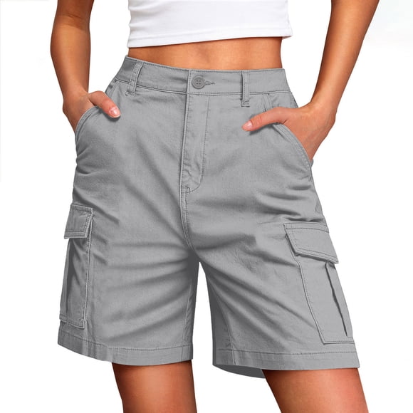 BLVB Cargo Shorts Women Bermuda Knee Length Long Hiking Shorts with Pockets High Waist for Summer Casual Trendy Outfits