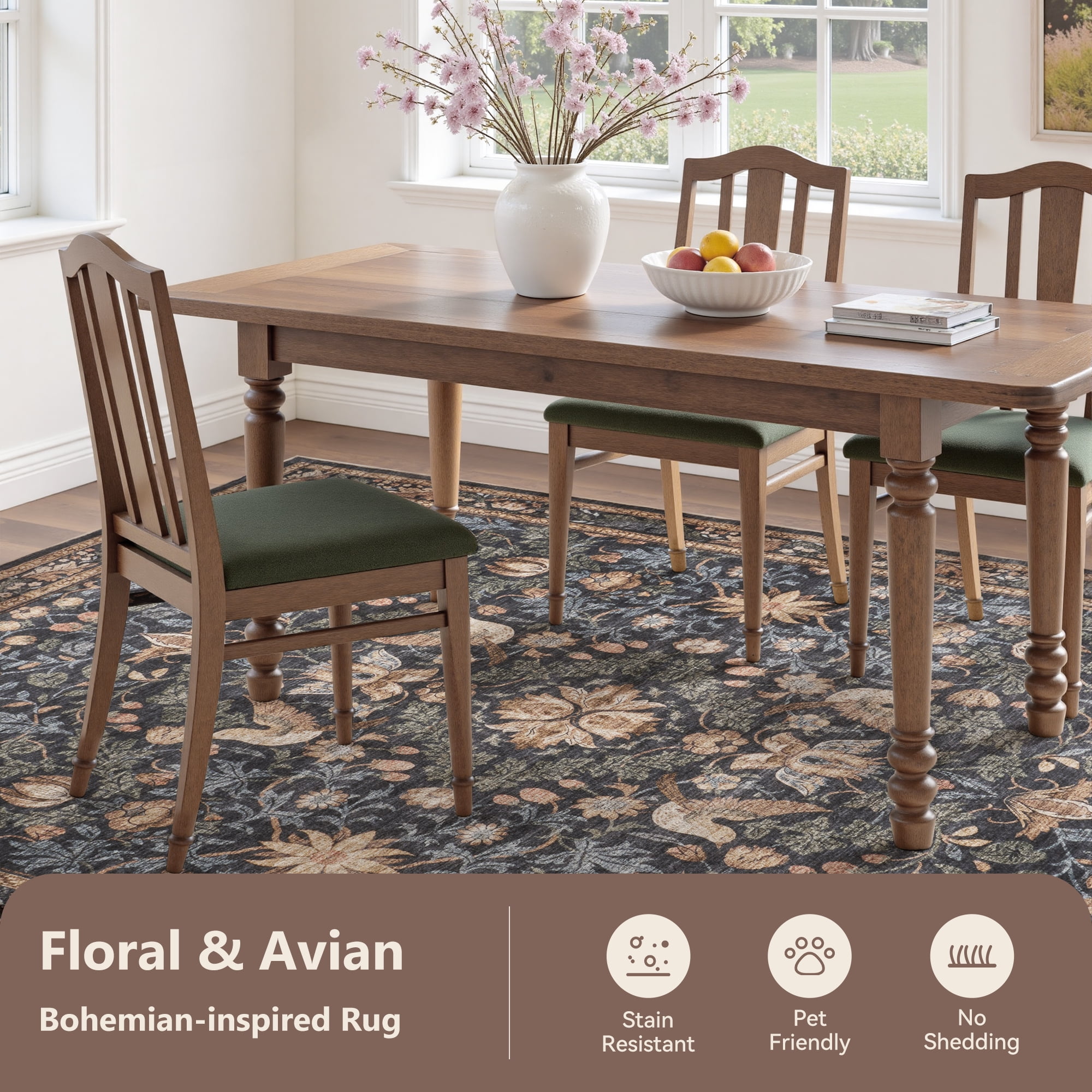 SIXHOME 9'x12' Rugs for Living Room Botanical Washable Rugs Boho Floral Birds Carpet Ultra Soft Nature Plants Modern Indoor Rugs for Bedroom Dining Room Office Vintage Home Decor Dark Green
