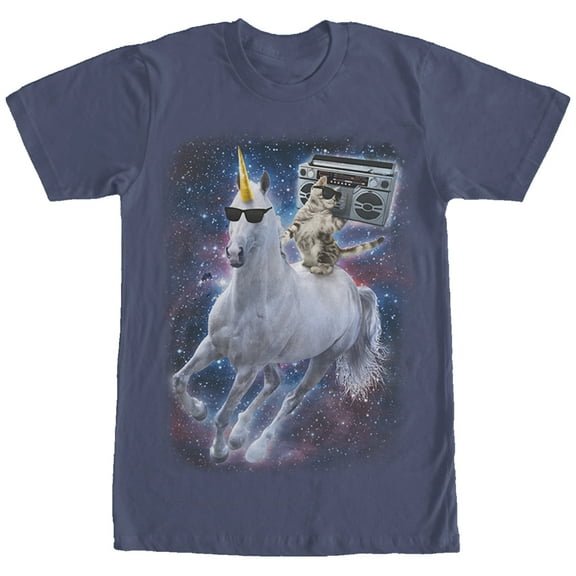 Men's Lost Gods Boombox Cat and Unicorn Space Song Graphic Tee Navy Blue X Large