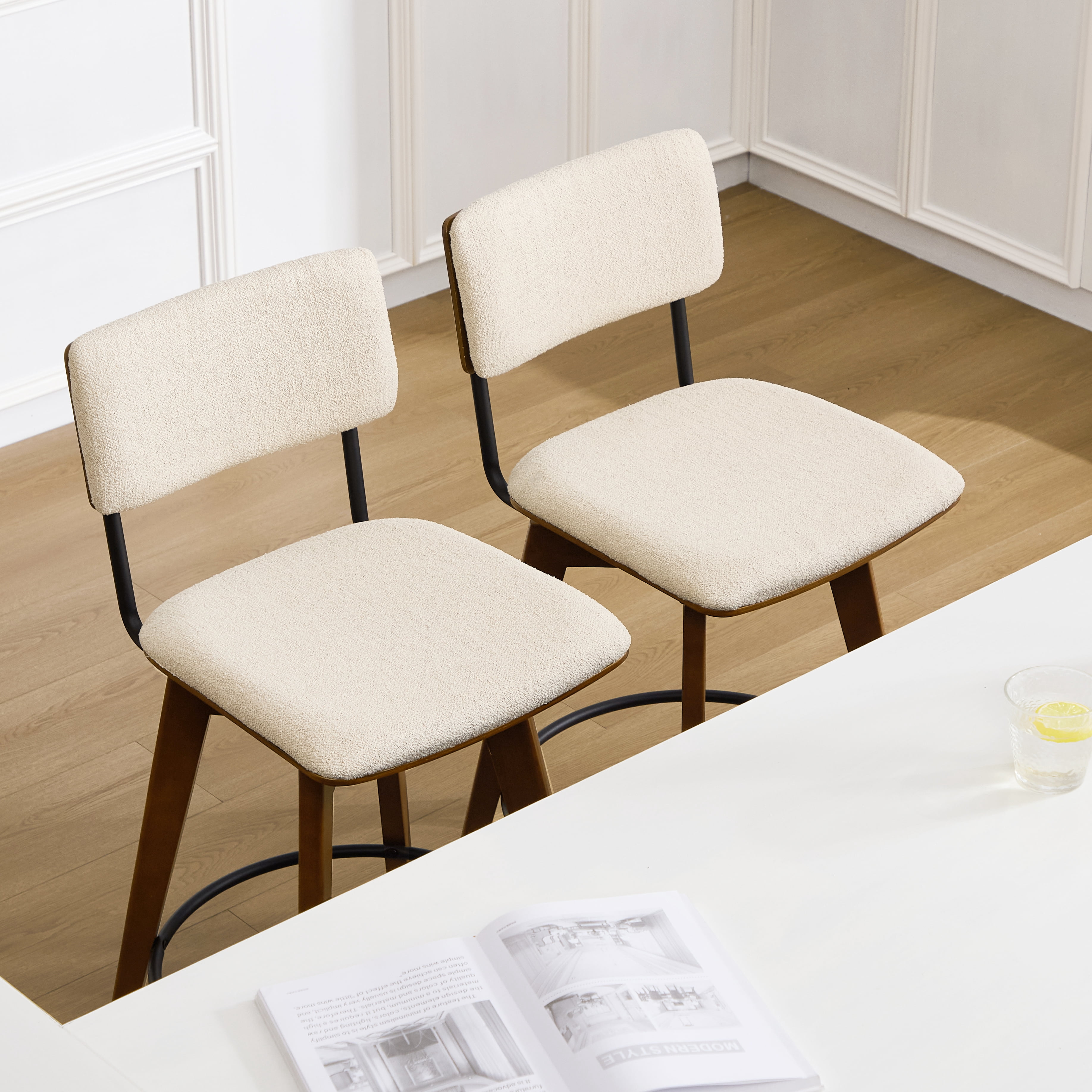 Zesthouse Swivel Counter Height Bar Stools Set of 2, 26" Upholstered Linen Barstools with Back and Walnut Wood Legs, Mid Century Modern Bar Chairs, Island Stool for Kitchen Counter, Beige