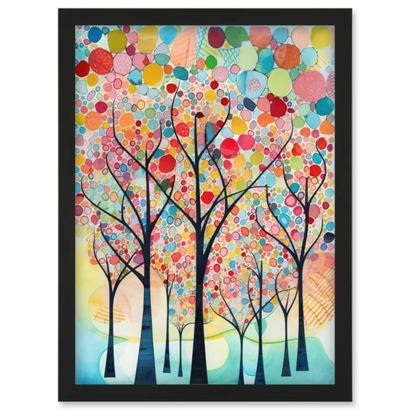 Colourful Trees Blooming In Spring Folk Art Watercolour Painting Artwork Framed Wall Art Print A4