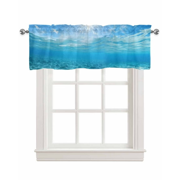 Blue Ocean Seawater Linen Curtain Valance for Bedroom/Bathroom/Kitchen/Office/Living/Dining Room Window,Underwater Solid Pure Color Summer Sea Rod Pocket Topper Decorative Cafe Drapes Panel 54"x18"