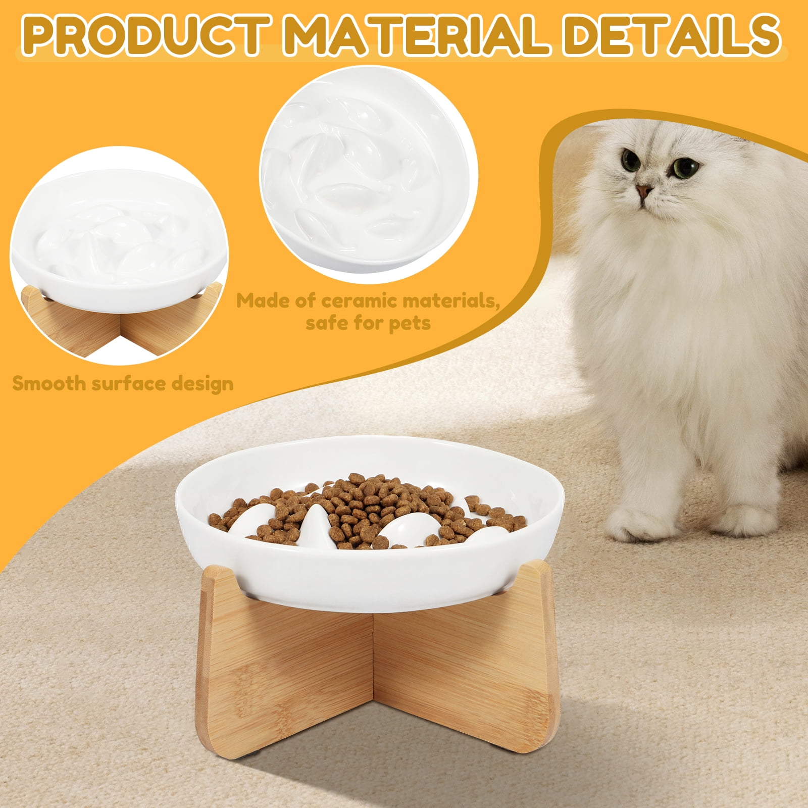 2Pcs Slow Feeder Cat Bowl with Wooden Stand Anti Vomiting and Non Slip Ceramic Raised Pet Food Bowl for Cat and Small Dog