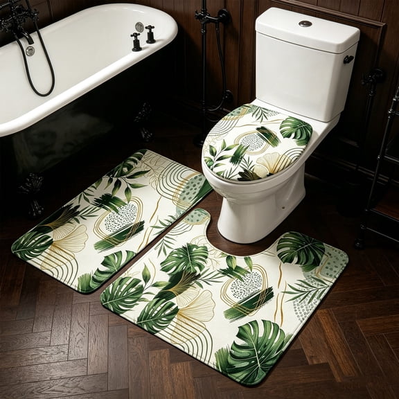 Japceit Bathroom 3 Piece Rug Set Green Botanical Toilet Seat Cover Non Slip Bath Mat Absorbent Floor Pad for Bathroom Decor