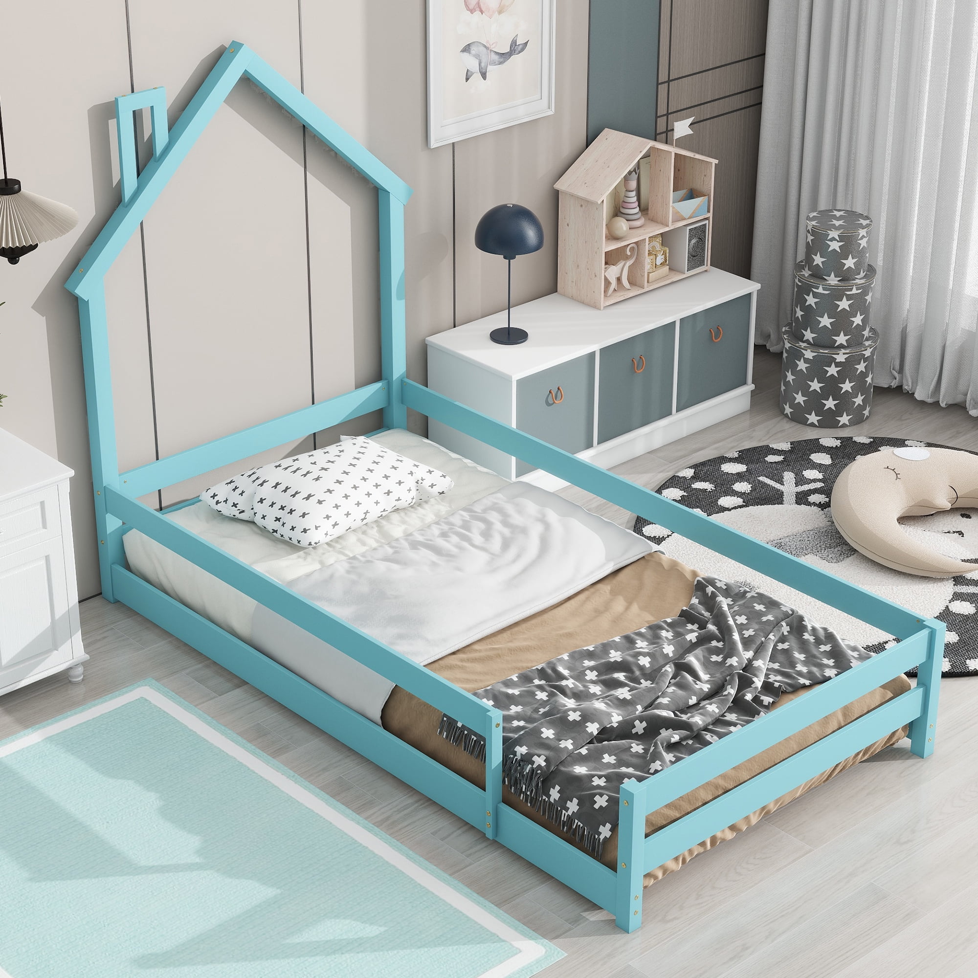 Yoneston Twin Floor House Bed Frame for Toddlers, Wooden Kids Platform Bed Frame with Fence and Door for Girls Boys, Light Blue