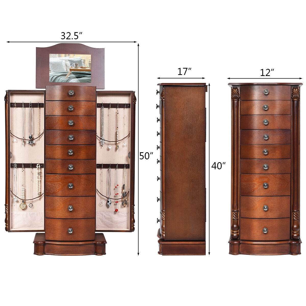Durable Jewelry Cabinet Armoire Box Storage Chest Stand Organizer Necklace Wood 