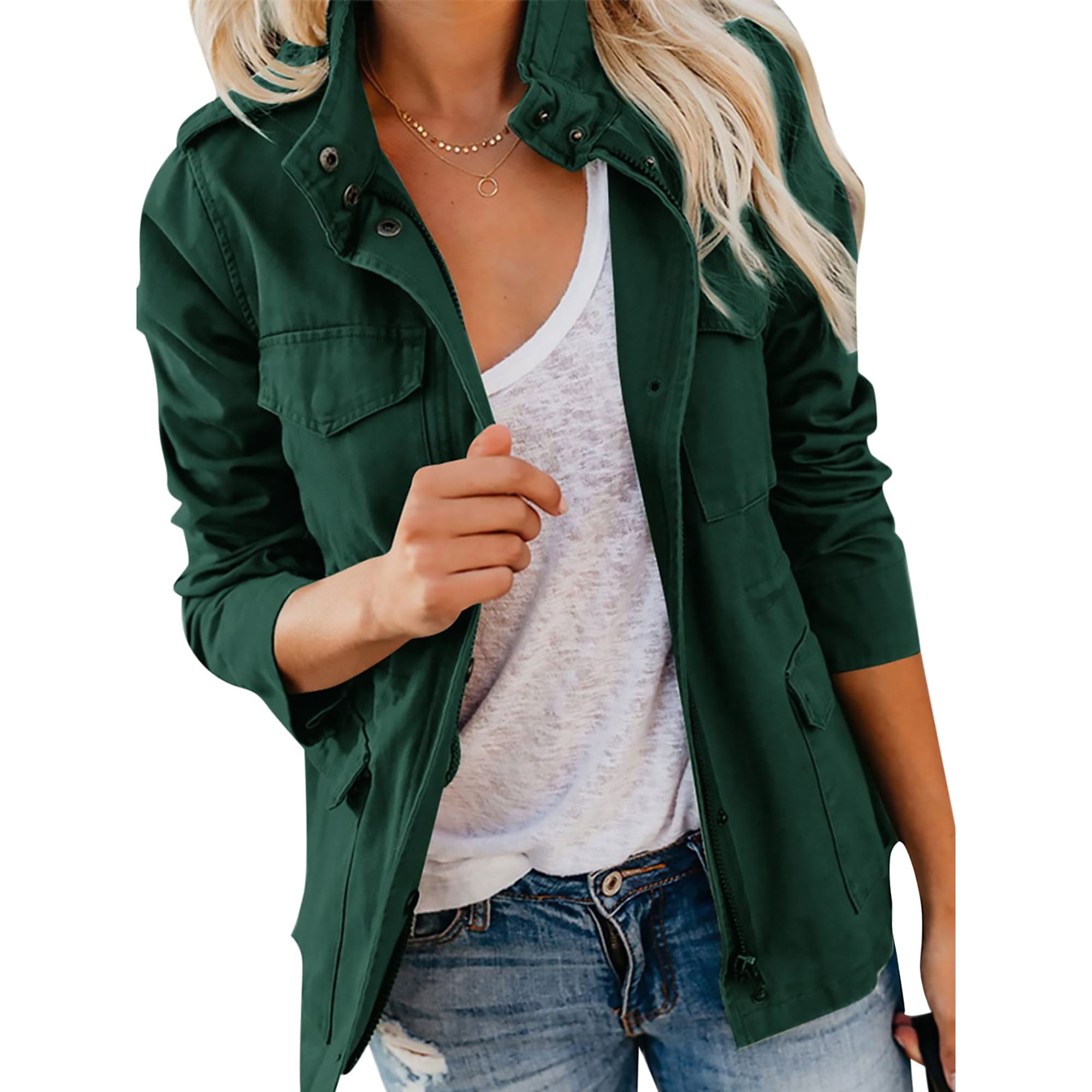 Bellella Women Coat Solid Color Military Jacket Long Sleeve Outwear Casual Lapel Utility Jackets Outdoor Dark Green 2XL