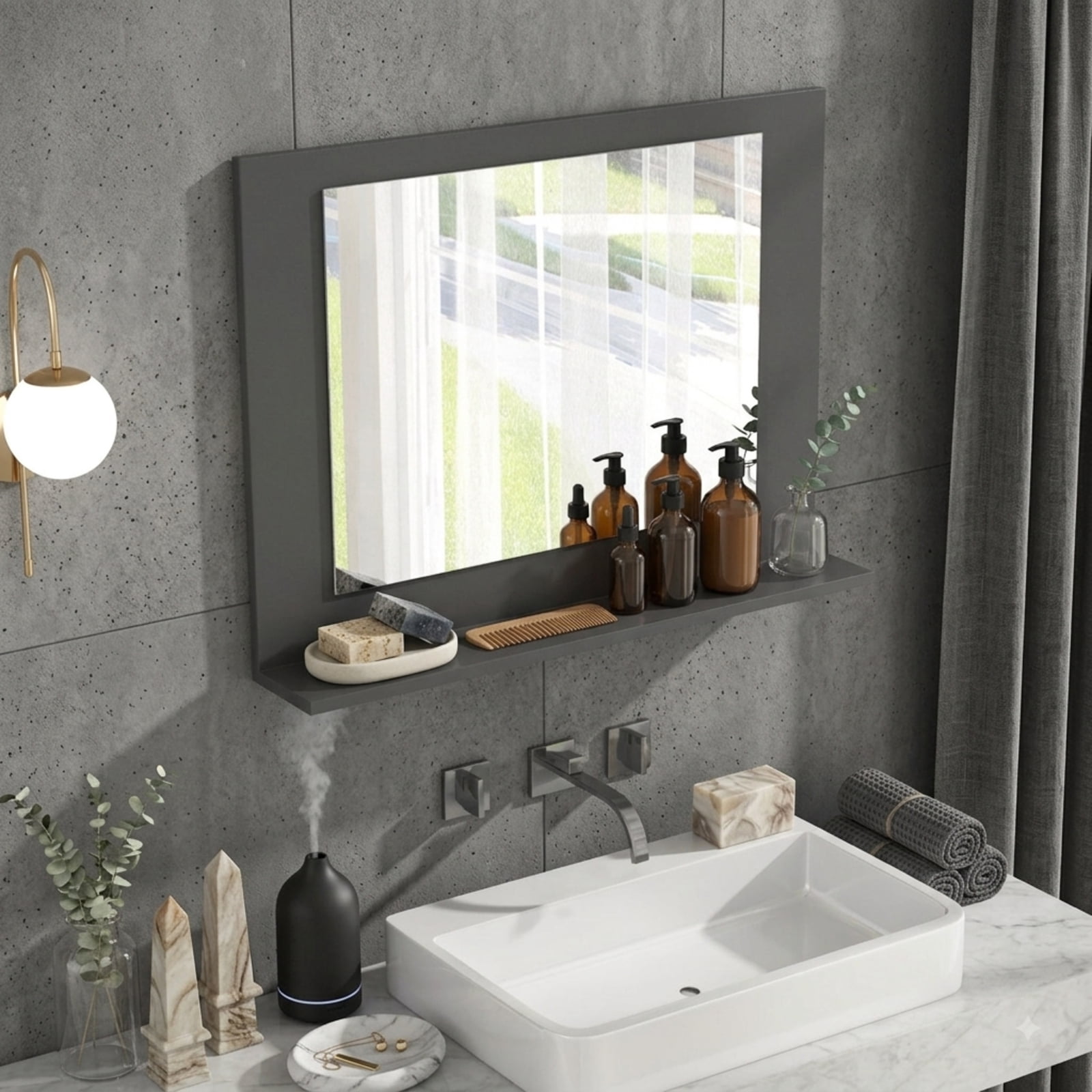 Vebreda Bathroom Wall Mirror, Rectangle Bathroom Mirror with Shelf 23.5 x 17.5 Inch and Wood Frame, Functional Design, Crystal-Clear Reflection