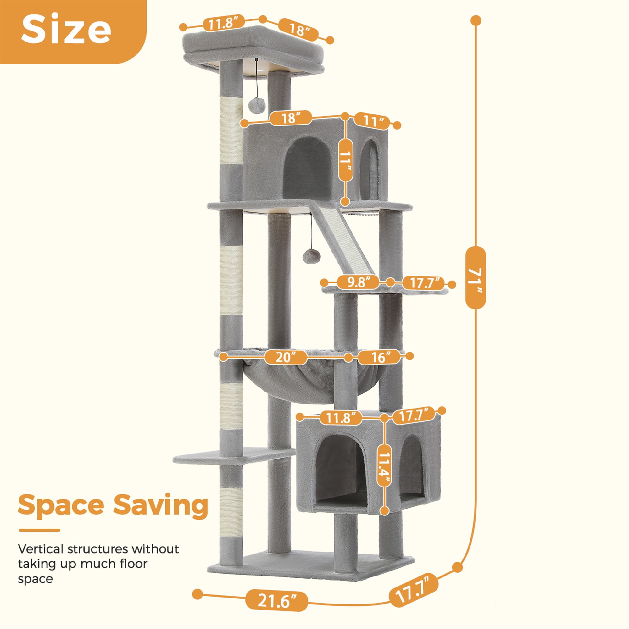 Kadyn 71" Large Cat Tree Tower for Indoor Cats, Multi-Level Cat Tree House with Padded Perches, Scratcher, Hammock, 2 Cozy Cat Condos and Scratching Posts, Gray