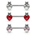 thumbnail image 4 of Pair of Nipple Barbell Rings Cat with Black Crystal Eyes over Heart Design 14g, 4 of 5