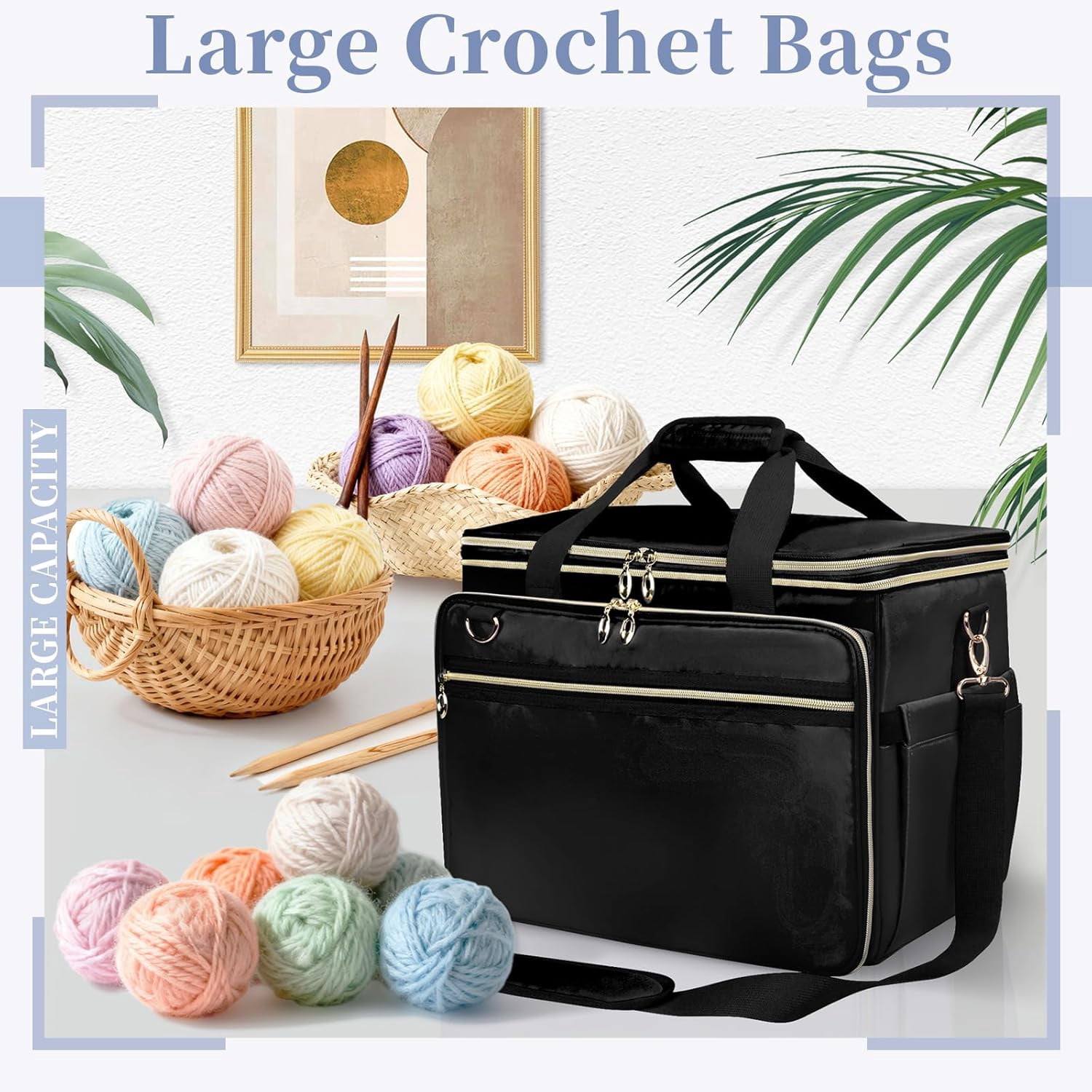 Large Crochet Bag with Clear Top Lid, Unfinished Project Compartment, Yarn Storage Tote with 6 Yarn Holes for Knitting Needles and Crochet Hooks, Purple