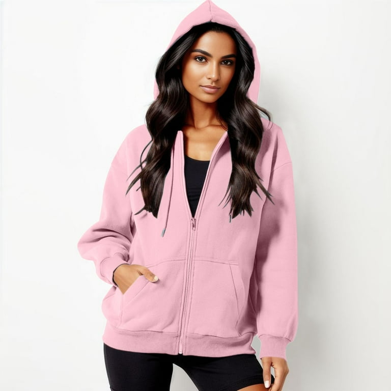 Lmtime Women s Full Zip Up Hoodie Long Sleeve Hooded Sweatshirts Pockets Jacket Coat for Women Pink M Walmart