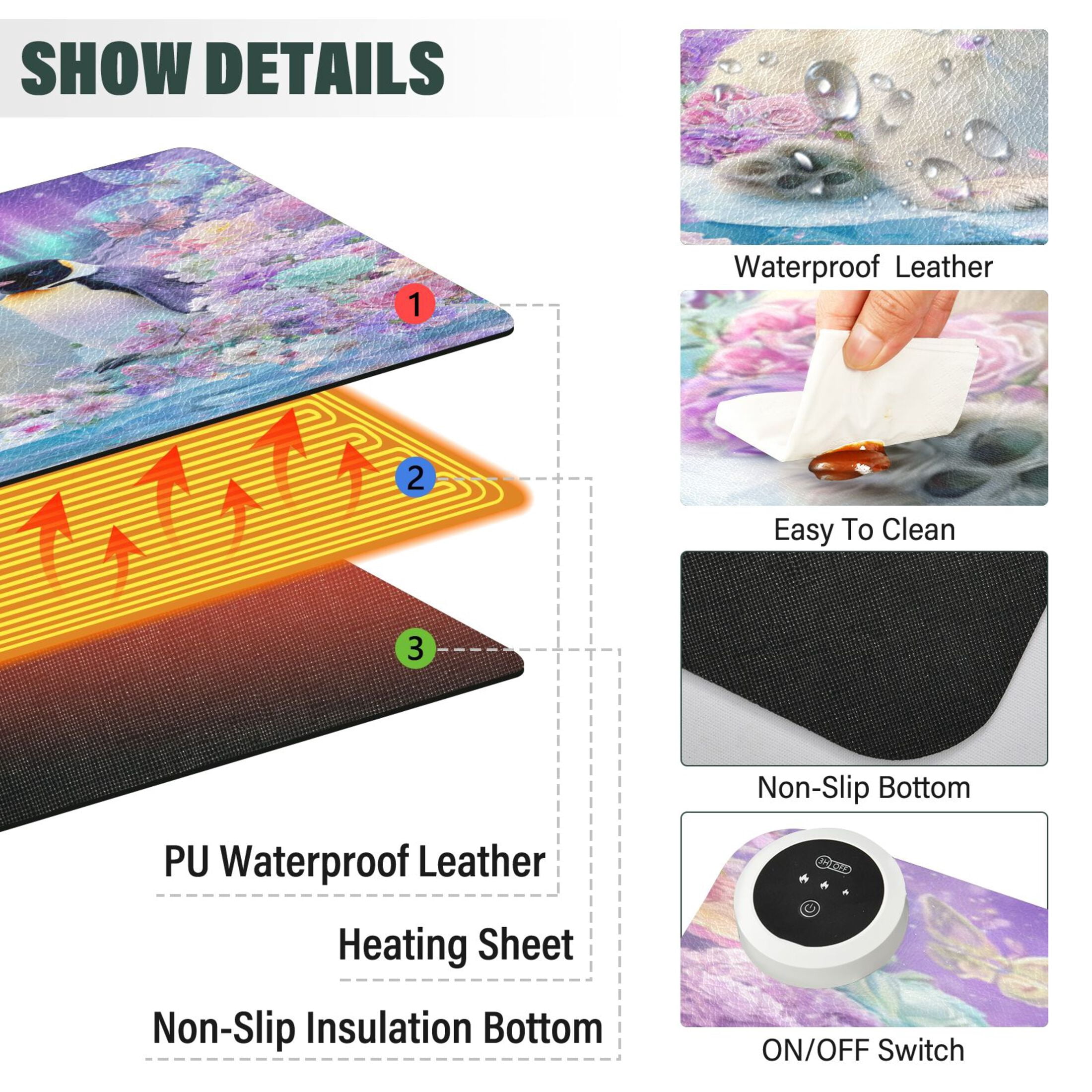 Large Heated Desk Mat Mouse Pad 31.5"x13"PU Leather Graphene Heating Desk Warmer with 3 Temperature Settings 110V US Plug Non-Slip Warm Pad for Home, Office, and Gaming Polar Bear and Penguin Pattern