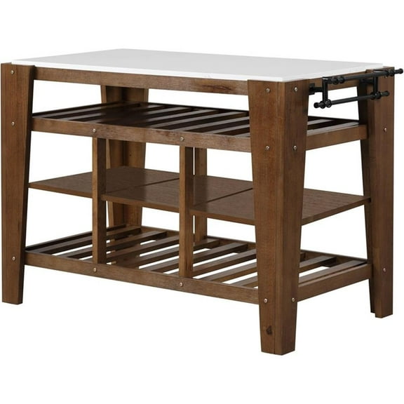 Bowery Hill 3-Shelf Wooden Kitchen Island in Marble and Rustic Brown
