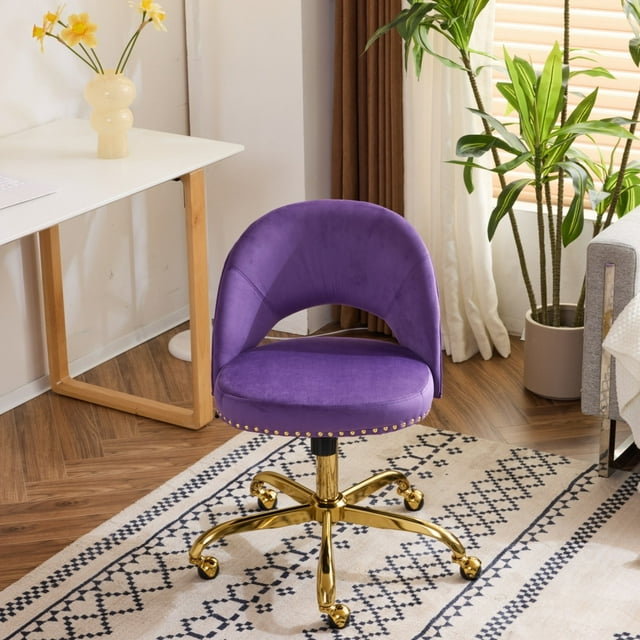 Ktaxon Chaise de Bureau Réglable en Flanelle, Chaise de Travail pour Ordinateur, Petit Tabouret de Coiffeuse à Roulettes avec Roues pour Étude, Maquillage, Salle d'Habillage, Violet