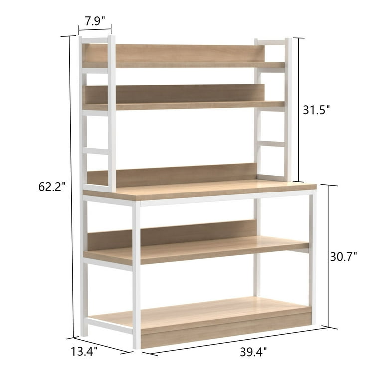 KERROGEE 5 tiers Standing Baker's Racks with Wood Table, Utility Storage  Shelf, Kitchen Microwave Oven Stand Cart, Kitchen Organizer Rack, Beige