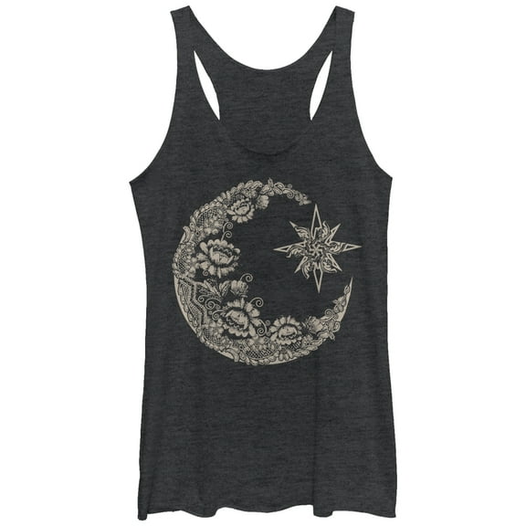 Women's CHIN UP Lace Print Moon  Racerback Tank Top Black Heather X Large