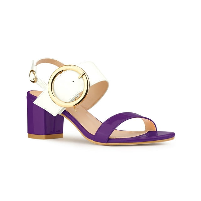 BLISSFUL STEP Slingback Sandals Contrast Color Chunky Heel Big Circle Buckle Sandals Purple White 5.5