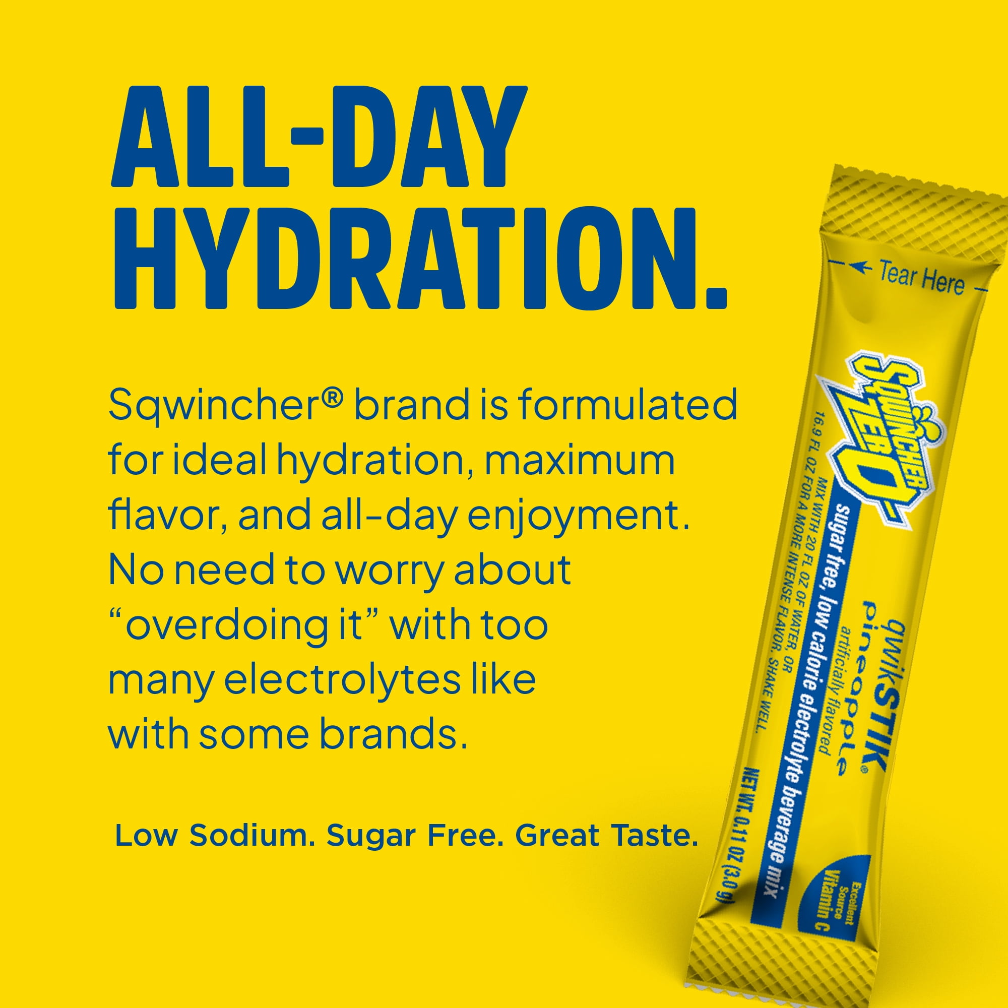 Sqwincher Zero Electrolyte Powder Packets Qwik Stik  Sugar Free Drink Mix, Pineapple, 0.11 oz, Makes 20 oz, 50 Sticks per Pack