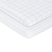 Petit Classics Pack N Play, Mini-Crib Sheet 2-Pack — 100% High Quality Jersey Knit Cotton Playard Sheet Set for Baby Girl (Pink Dotted Stripes & Pink Grid Lines)