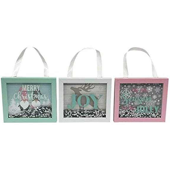 Christmas Holiday Hanging Wooden Sign Shadow Box Sequin Cute Wall Decoration - Gnome, Reindeer, Snowflake - (5in x 6in) Set of 3