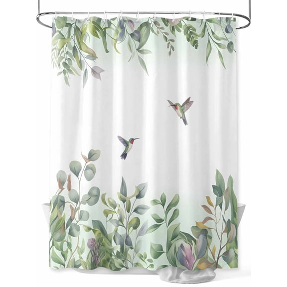 Watercolor Hummingbird Leaf Shower Curtain, Green White Bathroom Decor Curtains Set with Hooks, Waterproof Fabric Home Accessories， Stall 36 X 78 Inch