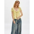 thumbnail image 4 of Women Tie Front Lace Trim Top Sheer Short Sleeve Scoop Neck Button Shirt Y2k Ruffle Flowy Boho Crop Tops Yellow S, 4 of 6