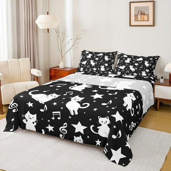 Manfei Teens Cartoon Cat Twin Sheet Sets for Teen, Galaxy Stars Print Twin Fitted Sheet, Kawaii Kitten Animal Flat Sheet, Breathable Home Decor, 3 Pieces