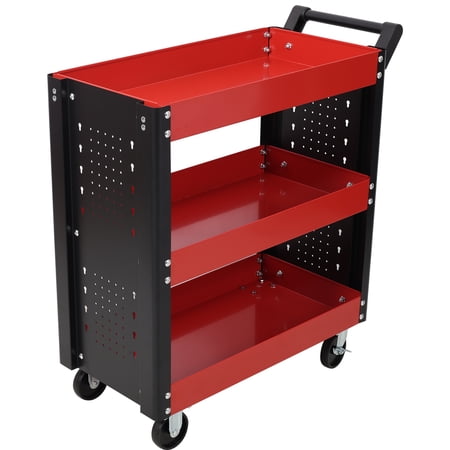 Noaman 3-Tier Heavy Duty Rolling Tool Cart with Pegboard, 32.6x15x35.8in Steel Utility Cart for Garage/Workshop, 4 Lockable Casters, Red