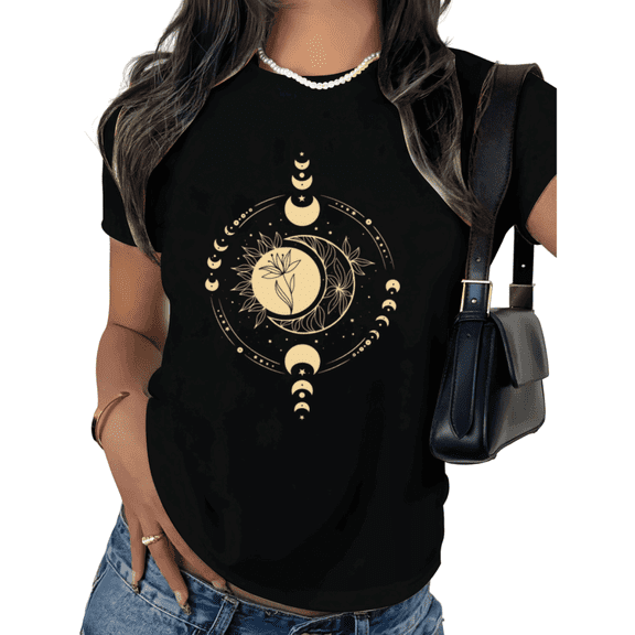 Celestial Moon Phase Shirt Women Print Tshirt Graphic Tees Shirts Black Boho Spiritual Aesthetic Sun Moon Floral Design Casual Tee Size S-5XL Tops