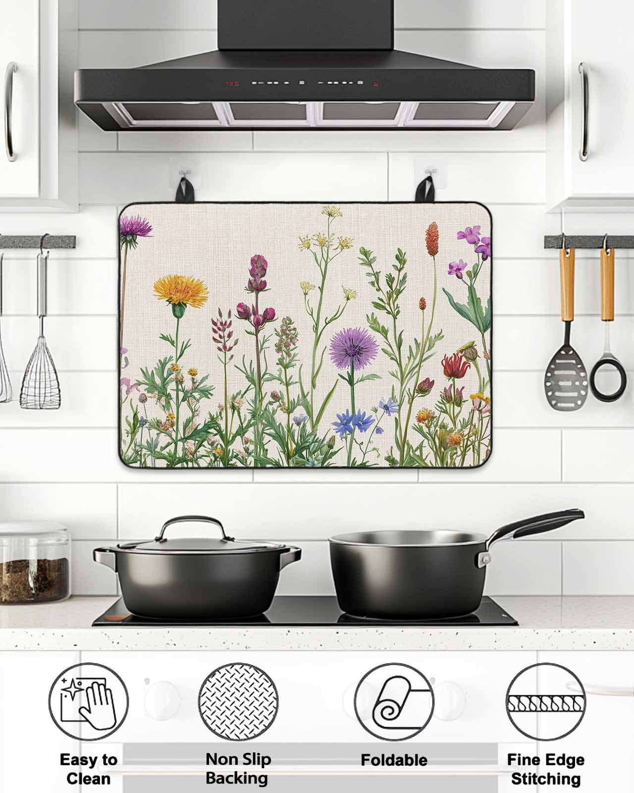 Stove Top Covers for Electric Stove, Spring Flowers Glass Stovetop Cover Protector, Wild Floral Herb Botanical Induction Cooktop Protector Oven Mat for Kitchen Countertop 24"x21"