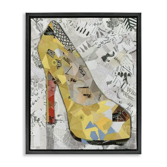 Stupell Industries Collaged Yellow Heel Fashion Painting Black Floater Framed Canvas Art Print Wall Art, 17 x 21