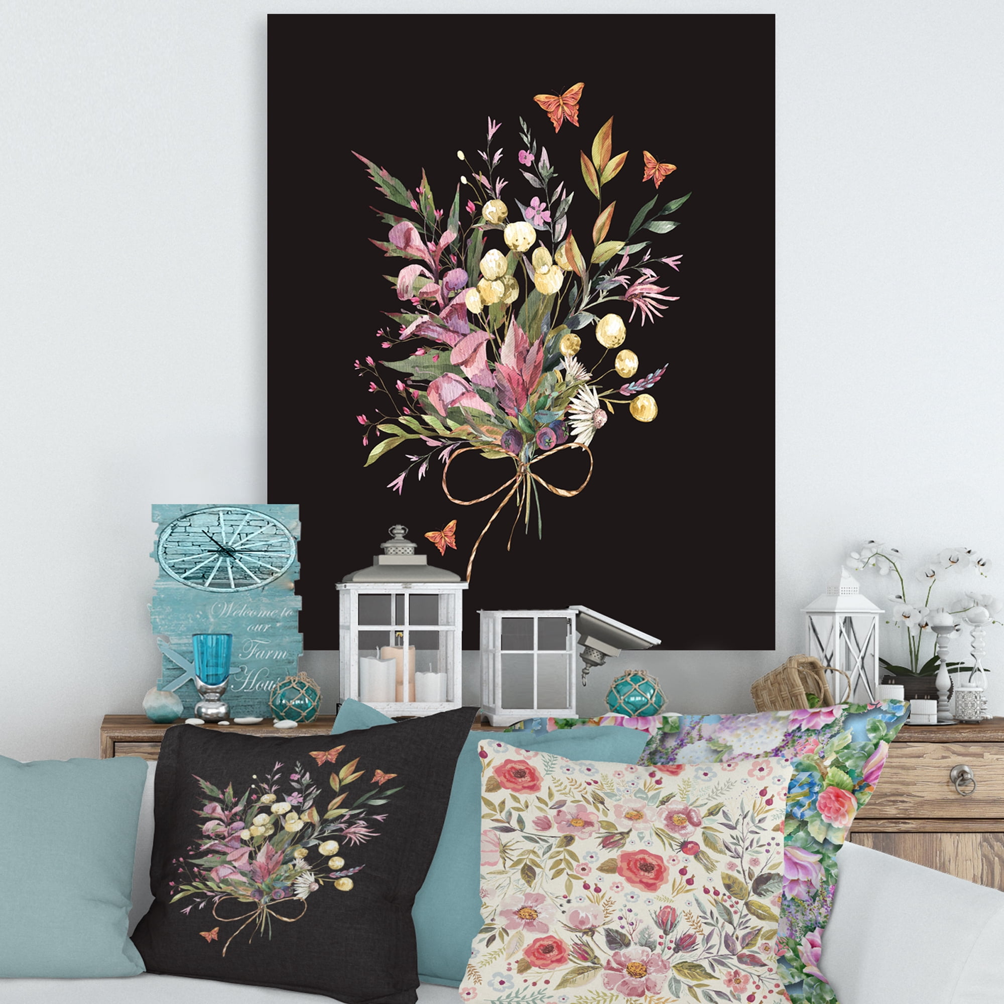 Ancient Floral Summer Wildflowers Arrangement 12 in x 8 in Painting Canvas Art Print, by Designart
