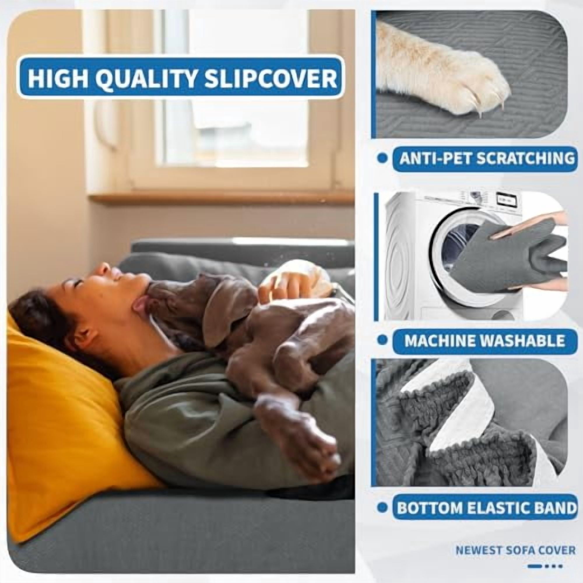 1-Piece Stretch Sofa Cover for 3-Cushion Couch (79-91 Inches), Pet Friendly Washable Furniture Protector with Elastic Bottom, Soft Light Gray Slipcover for Living Room