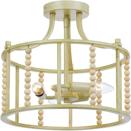 

Hanover Calliope Natural Wood Bead Ceiling Light in Antique Cream | Semi-Flush Mount Fixture for Bedroom Living Room Hallway Dining Room Kitchen | 3 Lights | Hardwired
