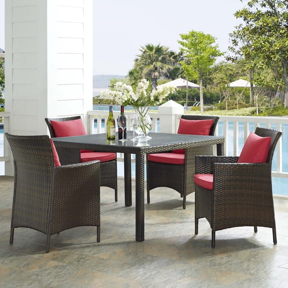 Side Dining Chair and Table Set, Rattan, Wicker, Brown Red, Modern Contemporary Urban Design, Outdoor Patio Balcony Cafe Bistro Garden Furniture Hotel Hospitality