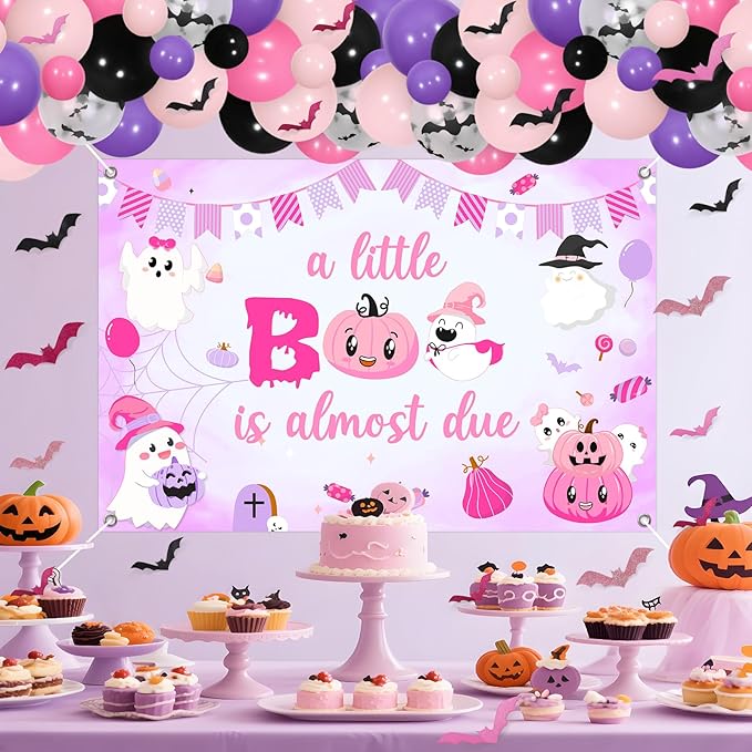 Halloween Baby Shower Balloon Arch Garland Kit, A Little Boo Is Almost Due Banner Backdrop, Bat Wall Stickers, Halloween Baby Shower Birthday Party Supplies for Girls