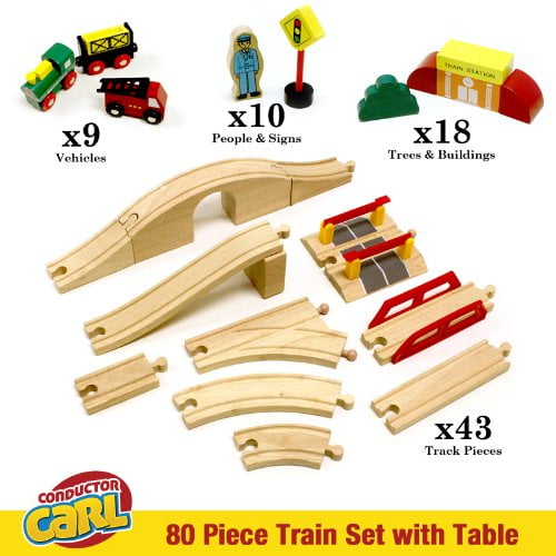 Conductor Carl 80 piece Wooden Toy Train Table Playboard and Train Set