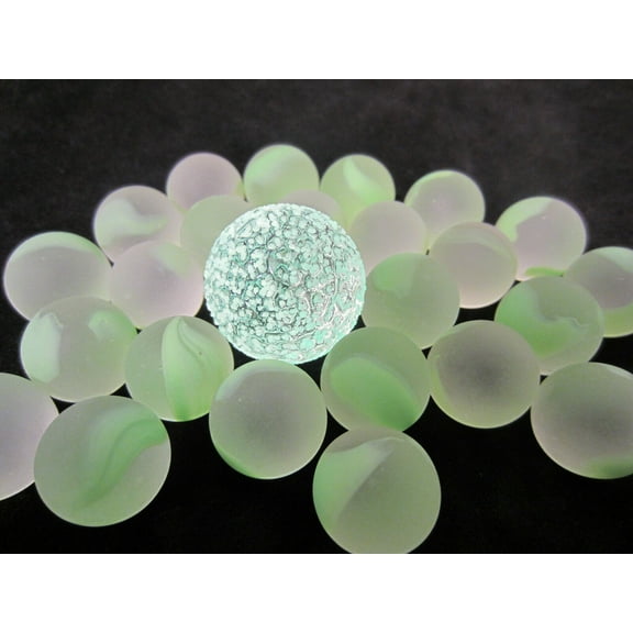 25 Glass Marbles Moon Glow Green/Yellow Speckled Classic Style Game Pack (24 Player, 1 Glow in The Dark Shooter) Decor/Vase Filler/Aquarium Shooter Patch MIB