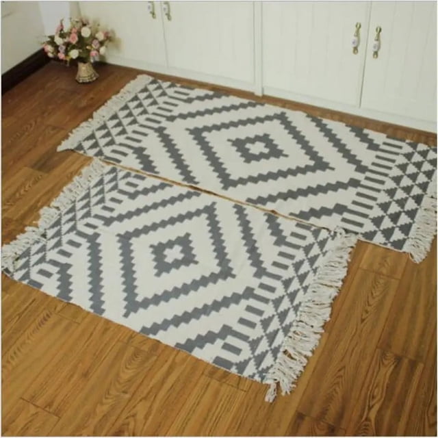 Alfombra de algodón, alfombras tejidas con flecos, alfombras con borlas estampadas, alfombra geométrica para puerta de bienvenida, lavable a máquina, alfombra para interior y exterior, para porche,