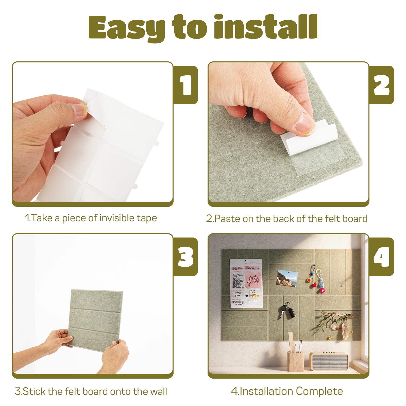 6PCS Felt Bulletin Board Tiles with Adhesive Tabs and Pushpins Felt Wall Tiles Push Pin Board Wall Organizer for Office Home Decoration