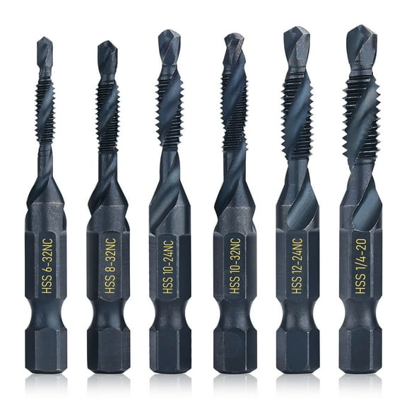6 Packs Combination Drill & Taps Bit Set, Screw Tapping in SAE Size 6-32nc 8-32nc 10-32nc 10-24nc 12-24nc 1/4-20nc with Anti-Rust Black Coating, 1/4” Hex Shank and Storage Case