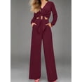 thumbnail image 4 of Weardear Womens 2 Piece Outfit V Neck Long Sleeve Crop Top Wide Leg Elastic Waist Pant Casual Set, 4 of 6