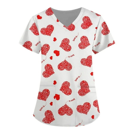 

XHJUN Scrub Tops Heart Print Valentines Day Fun Scrubs Cartoon Print Casual V-Neck Nurse Trendy Scrubs Red XL